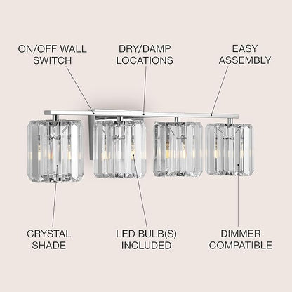 JONATHAN Y 4.75" Chrome 4-Light Vintage Glam LED Vanity Light Wall Sconce Fixture with Clear Crystal Prism Shade, Hardwired Wall Lamp for Bathroom Mirror Hallway, LED Bulb Included (JYL3555A)