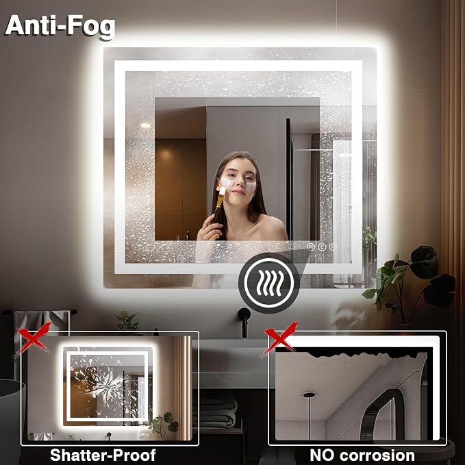 EchosLife 40"x38" Lighted Mirrors for Bathroom Wall | Backlit + Front Lit, Anti-Fog, Stepless Dimmable, 3 Colors, Memory, Tempered Glass, UL Listed, Horizontal/Vertical