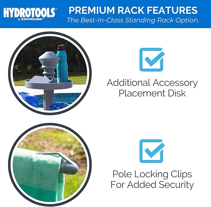 Swimline HYDROTOOLS 89033 Premium Free Standing Poolside Valet Towel Rack Adjustable with Water Weighted Base Three Arms Secure Clips for Outdoors & Indoors Pool Patio Poolside Holder Drying Stand | Holds towels plus goggles and gear on integrated lock...