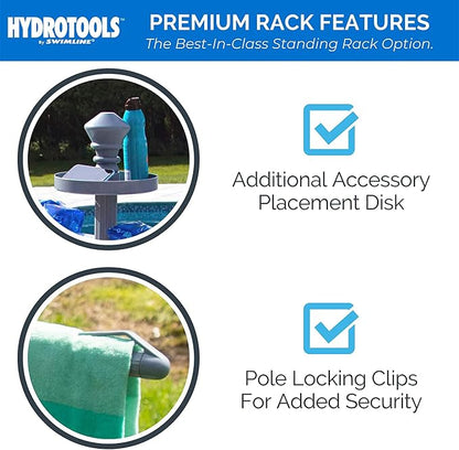 Swimline HYDROTOOLS 89033 Premium Free Standing Poolside Valet Towel Rack Adjustable with Water Weighted Base Three Arms Secure Clips for Outdoors & Indoors Pool Patio Poolside Holder Drying Stand | Holds towels plus goggles and gear on integrated lock...