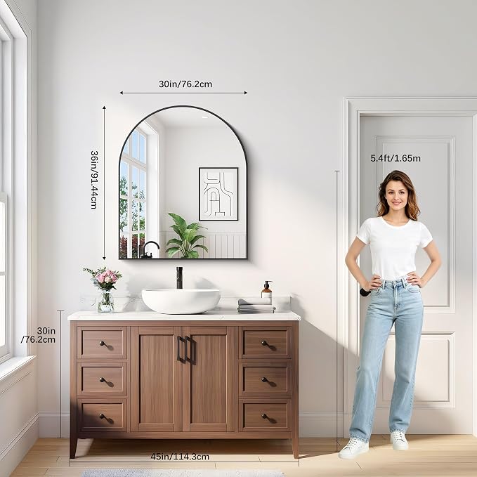 Arched Bathroom Mirror 30x36 Inch, Bathroom Mirror for Over Sink, Wide Wall Mounted Vanity Mirror with Aluminum Frame & Tempered Glass, Ideal for Bedroom, Entryway, Living Room, Mantel, Black