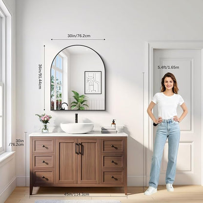 Arched Bathroom Mirror 30x36 Inch, Bathroom Mirror for Over Sink, Wide Wall Mounted Vanity Mirror with Aluminum Frame & Tempered Glass, Ideal for Bedroom, Entryway, Living Room, Mantel, Black