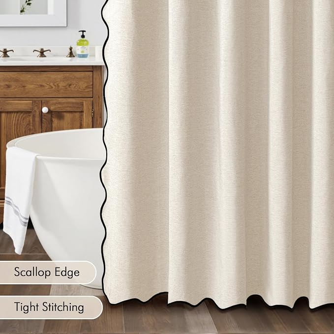 MIULEE Light Cream Scalloped Linen Shower Curtain 72x72 Inches | Linen Textured, Waterproof, Washable, 12 Metal Hooks, Heavy Duty Cloth, Black Border, Shower Curtain for Bathroom Bathtub