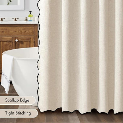 MIULEE Light Cream Scalloped Linen Shower Curtain 72x72 Inches | Linen Textured, Waterproof, Washable, 12 Metal Hooks, Heavy Duty Cloth, Black Border, Shower Curtain for Bathroom Bathtub