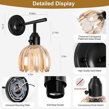 Vintage Wall Sconces with Cute Amber Tulip Glass Lampshade, Black Wall Sconces Hradwired Modern Wall Lighting Fixture with Switch for Bedside Bedroom Living Room Wall Decor