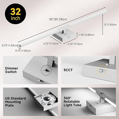 Vanity Lights 32 inch, 4-Level Brightness Built-in Dimmer, 18.5W Dimmable 5CCT Bathroom Light Fixtures Over Mirror, Baked Matte Grey Vanity Lights for Bathroom Mirror Bedroom-FCC & ETL