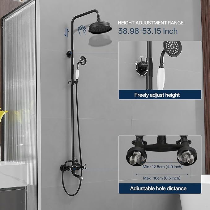 Homevacious Matte Black Outdoor Shower Kit Exposed Shower | 8 Inch High Pressure Rain Shower Head with Hand Spray Bathroom Shower Faucet System Double Knobs Cross Handle 3-function