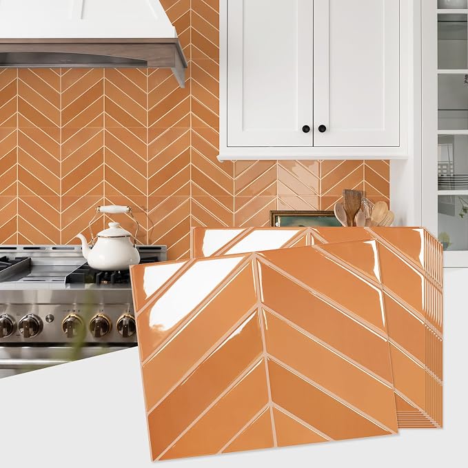STICKGOO Herringbone Peel and Stick Backsplash, Orange, 10 Sheets | 12.6 x 9.7 in, Thicker Rectangular Vinyl Stick-On Wall Tiles, Easy Alignment, Waterproof, Easy to Clean, Kitchen/Bathroom