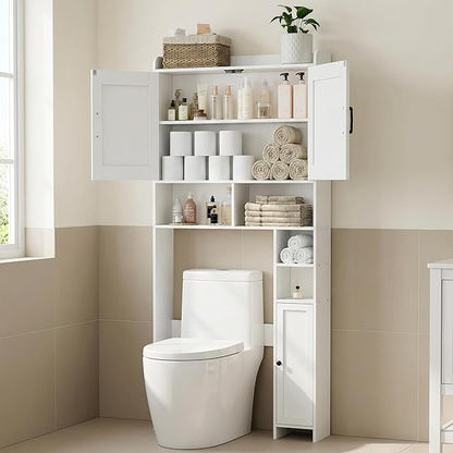 Homhedy Over The Toilet Storage Cabinet with 2 Barn Door and Toilet Paper Holder Stand, FreeStanding Toilet Shelf Space Saver, for Bathroom, Restroom, Laundry, White