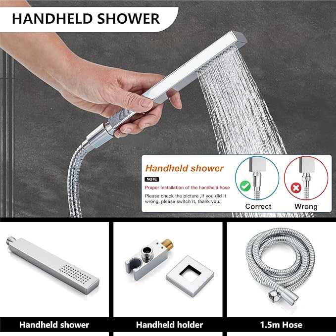 Midanya Shower Faucet Set,Wall Mount Shower System with Square Rain Shower Head and Hand Sprayer, Rough-in Valve Body and Trim Kit Included,12 Inch,Polish Chrome