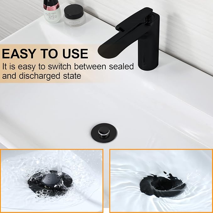 Black Bathroom Sink Drain Stopper, Sink Stopper Fits for 1.25" Drain Hole with 3 Rubber Rings, Anti Clogging Pop up Drain Filter Plug, Wash Basin Strainer with Basket, Matte Black