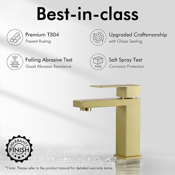 KES Brushed Gold Bathroom Faucet Single Hole Modern Vanity Faucet Single Handle Bathroom Sink Faucet Stainless Steel, L3156ALFF12-BZ