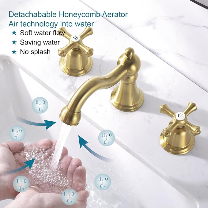 RKF Bathroom Faucets for Sink 3 Hole Gold 8 inch Widespread Bathroom Sink Faucet with Drain 2 Handles Cross Knobs Faucet Bathroom Vanity Faucet Basin Mixer Tap CWF033-BG
