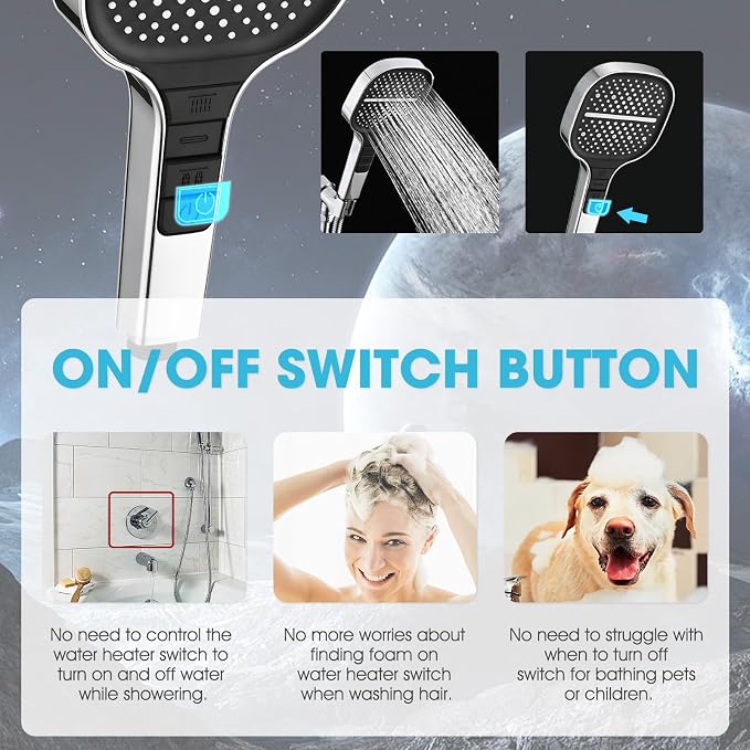 Handheld Shower Head with Extra Long Hose, 8 Setting Square Detachable Hand Held Spray with Upgrade Button & On Off Switch, 79" Hose - Chrome