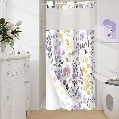 No Hook Purple Watercolor Floral Shower Curtain and Liner Set, 36x74 | Spring Flower Shower Curtains with Snap-in Liner for Farmhouse Bathroom Decor, Botanical Bathroom Curtain with Leaves