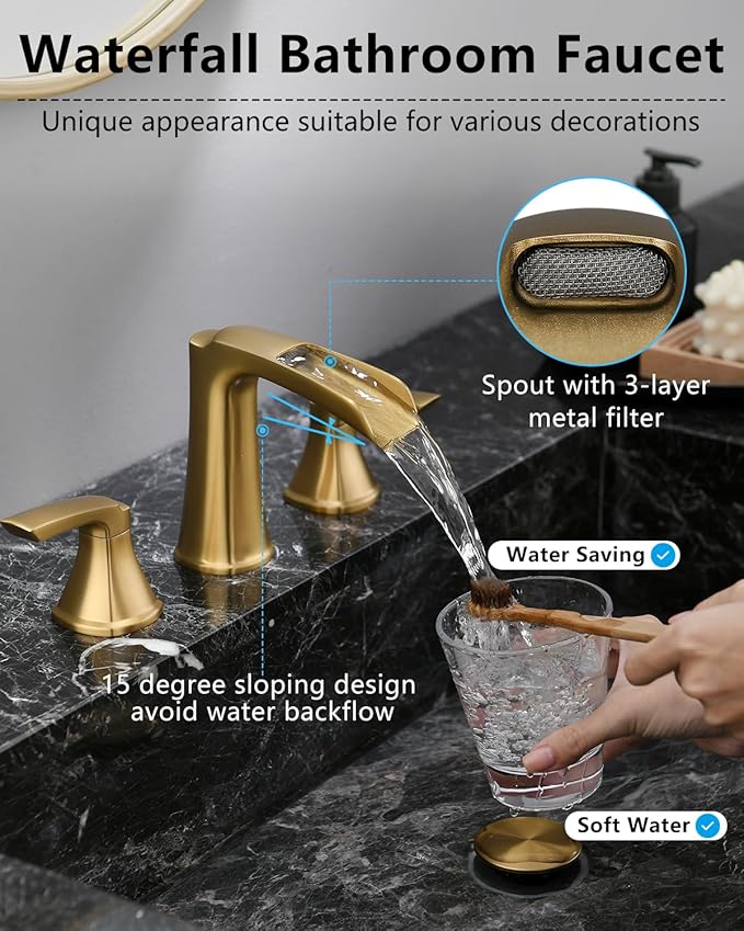Fapully Brushed Gold Bathroom Faucet 3 Hole, Waterfall 8 Inch Widespread Bathroom Sink Faucet with Pop-up Drain, Two-Handle Faucet for Bathroom Sink