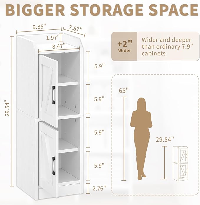 Narrow Bathroom Storage Cabinet with 2 Doors and Shelves, 9.8" W Small Storage Cabinet for Toilet Paper Storage, Slim Cabinet for Small Spaces, Bathroom, Kitchen, 9.8" W × 7.9" D × 29.5" H, White