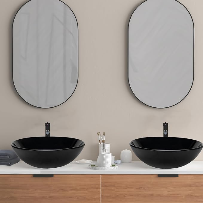 YIMAI Black Glass Vessel Sink 16.5" x 16.5" x 5.5" – Tempered Glass Above Counter Round Bathroom Sink Bowl Countertop Modern Sinks with Faucet and Drain Combo, Easy Install for Master or Powder Room