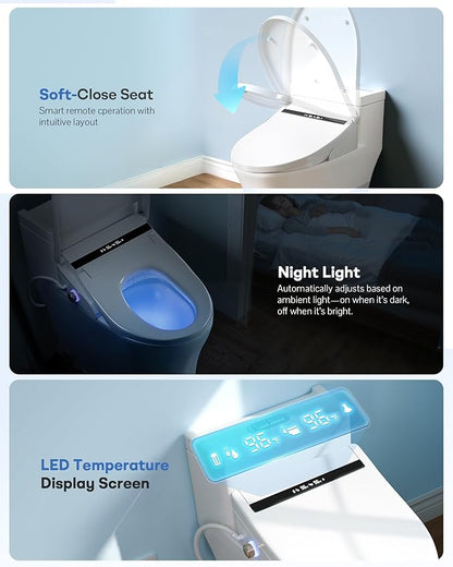 Elongated Smart Bidet Toilet Seat – Heated Seat, Instant Ceramic Water Heating, Warm Air Dryer, Wireless Remote, Self-Cleaning Nozzle, LED Display & Soft Night Light