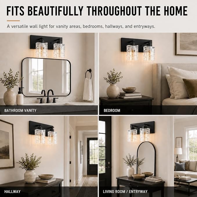 Matte Black Crystal Bathroom Vanity Light,2 Lights Modern Bathroom Wall Light,Over Mirror Light Fixtures for Living Room, Bedroom, Hallway