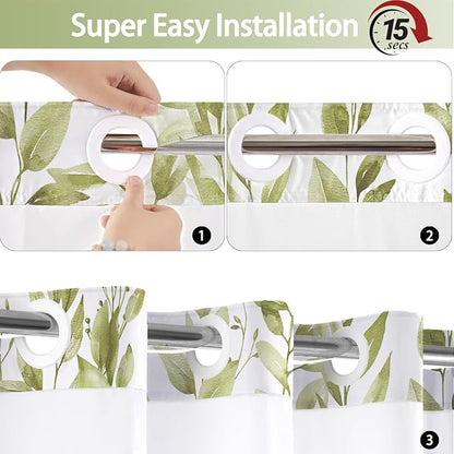 No Hook Shower Curtain and Liner Set, Beige Eucalyptus 71x74 | Floral Design, with Snap in Liner, Waterproof, Machine Washable, Quick-Drying, for Hotel Bathroom