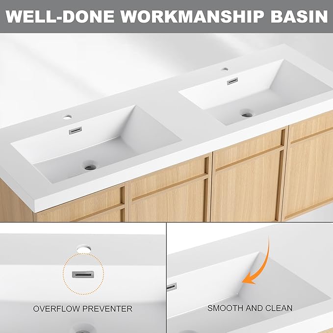 60" Wall Mounted Bathroom Vanity - Floating Bathroom Vanity with Double Resin Sink, 4 Soft Closing Doors, Original Oak Plywood (KD-Packing)