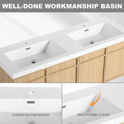 60" Wall Mounted Bathroom Vanity - Floating Bathroom Vanity with Double Resin Sink, 4 Soft Closing Doors, Original Oak Plywood (KD-Packing)