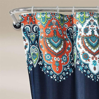 Lush Decor Bohemian Meadow Shower Curtain with Liner and Rings 14 Piece Set 72" W x 72" L Navy - Boho Shower Curtain Set - Colorful Bathroom Curtains