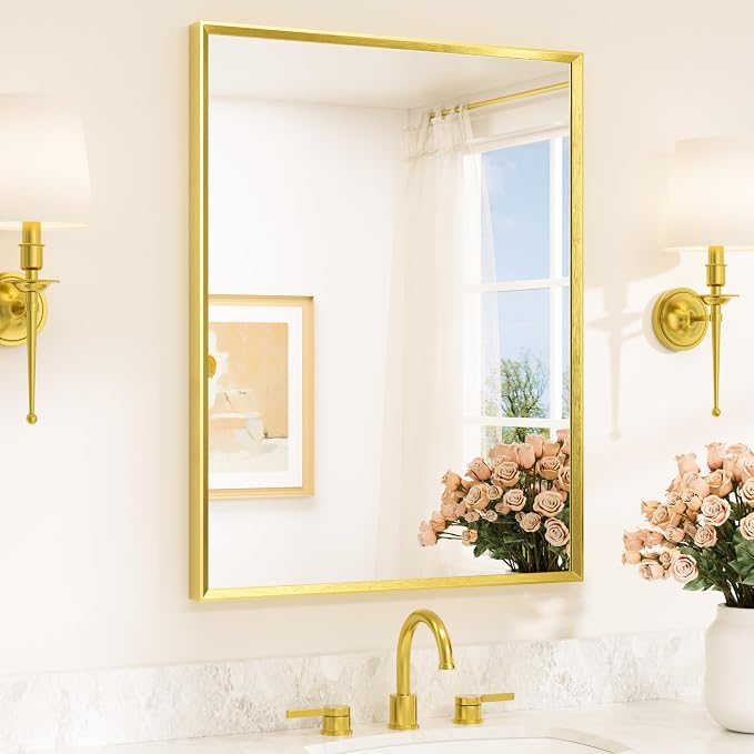 Brushed Gold Mirror for Bathroom Sink 28" x 36" Beveled Frame Brushed Brass Gold Vanity Rectangle Mirror for Bathroom Wall, Modern Farmhouse, Tempered Glass, Stronger Frame