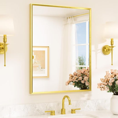 Brushed Gold Mirror for Bathroom Sink 28" x 36" Beveled Frame Brushed Brass Gold Vanity Rectangle Mirror for Bathroom Wall, Modern Farmhouse, Tempered Glass, Stronger Frame