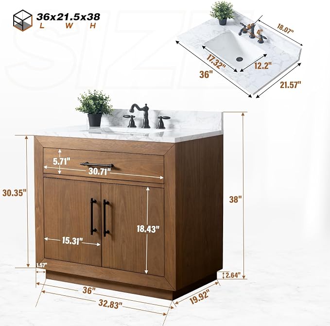 Vanity Art Modern Bathroom Cabinet with Carrara Marble Top, 36 inch Tan Wood Cabinet, Single Sink, Soft Closing Doors, Removable Shelf, VA7036E