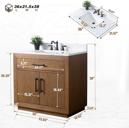 Vanity Art Modern Bathroom Cabinet with Carrara Marble Top, 36 inch Tan Wood Cabinet, Single Sink, Soft Closing Doors, Removable Shelf, VA7036E