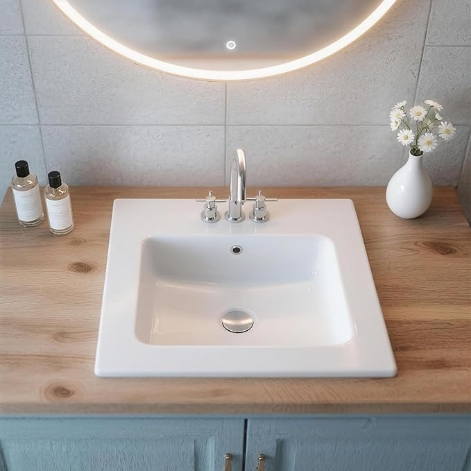 VEVOR Semi Recessed Bathroom Sink, 20.08 x 18.31 Inch Rectangular White Ceramic Vessel Sink with Overflow and 3 Faucet Holes, Drop in Modern Lavatory Vanity Bath Wash Bowl Basin Rectangle Small Space
