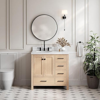 ARIEL Cambridge 36-inch Bathroom Vanity Base Cabinet,Solid Wood, 2 Soft Closing Doors, 5 Dovetail Drawers, White Oak
