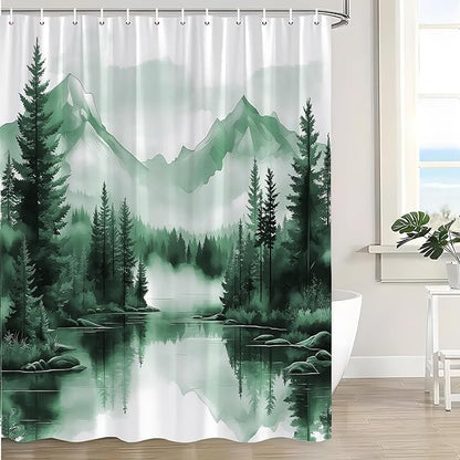 Deep Green Misty Forest Shower Curtain Mountain Foggy Pine Trees Landscape Watercolor Jungle Plant Rustic Nature Scenery Lake Fabric Bathroom Curtain Set with Hook