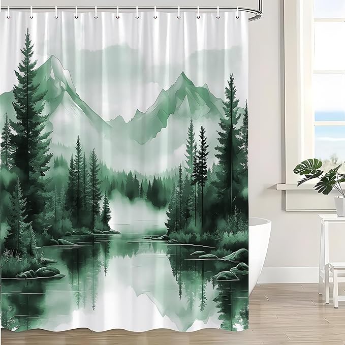 Deep Green Misty Forest Shower Curtain Mountain Foggy Pine Trees Landscape Watercolor Jungle Plant Rustic Nature Scenery Lake Fabric Bathroom Curtain Set with Hook