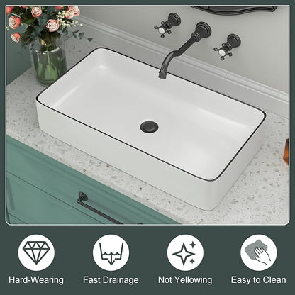 Rectangular Bathroom Vessel Sink - Beslend 24”x14” White Ceramic with Black Rim Porcelain Vessel Sink Above Counter Sink Modern Art Basin