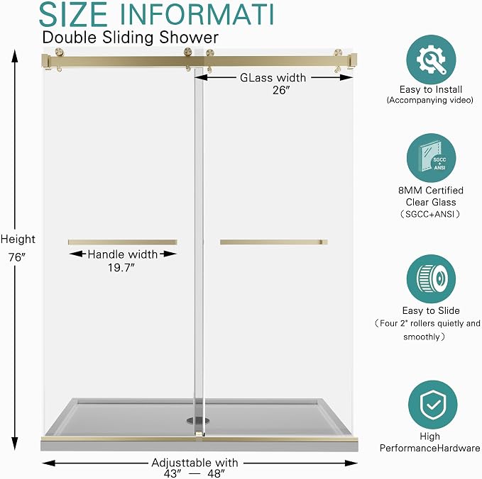 43-48" W x 76" H Frameless Double Sliding Shower Door for Walk-in Shower,5/16" (8mm) SGCC Certified Clear Tempered Safety Glass,Easy-Clean Coating,Quiet Heavy-Duty Roller System,Brushed Gold