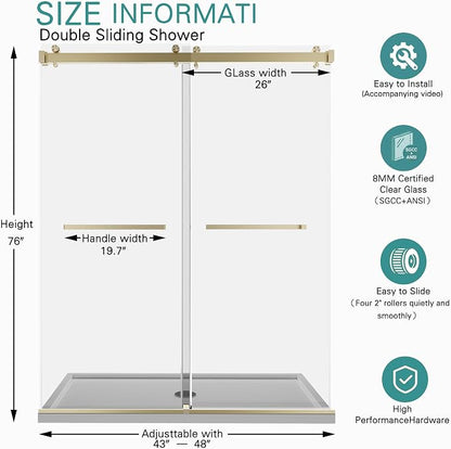 43-48" W x 76" H Frameless Double Sliding Shower Door for Walk-in Shower,5/16" (8mm) SGCC Certified Clear Tempered Safety Glass,Easy-Clean Coating,Quiet Heavy-Duty Roller System,Brushed Gold