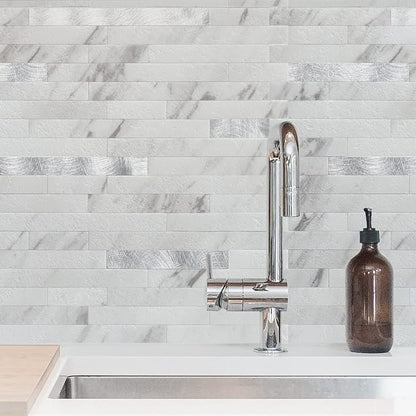 Art3d Faux Stone Peel & Stick Backsplash Tile, 10 pcs, Silver Trim Volakas | PVC, Multi-Style Decor Sheets, Waterproof, Traceless Peel, No Wall Damage, Ideal for Kitchen