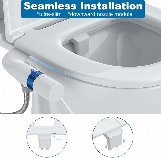 Non Electric Bidet Attachment for Toilet, Dual Nozzle Self Cleaning Butt Wash Sprayer, Adjustable Water Pressure Control, Slim Easy Install Design for Home and RV Use, Bathroom Bidet Kit, Blue