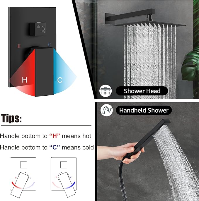 Midanya Shower Faucet Set,Wall Mount Shower System with Square Rain Shower Head and Hand Sprayer, Rough-in Valve Body and Trim Kit Included,10 Inch,Matte Black