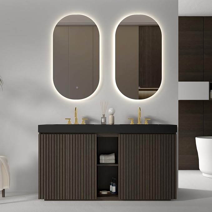 60 Inch Bathroom Vanity with Double Sink, Freestanding Double Sink Bathroom Vanity with Black Engineered Stone Top, Open Storage Cabinet & Adjustable Shelf, Smoked Oak Brown (3 Holes)