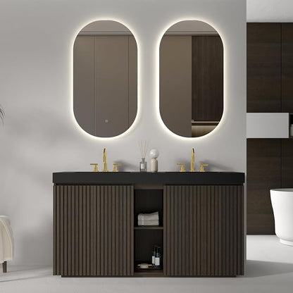 60 Inch Bathroom Vanity with Double Sink, Freestanding Double Sink Bathroom Vanity with Black Engineered Stone Top, Open Storage Cabinet & Adjustable Shelf, Smoked Oak Brown (3 Holes)