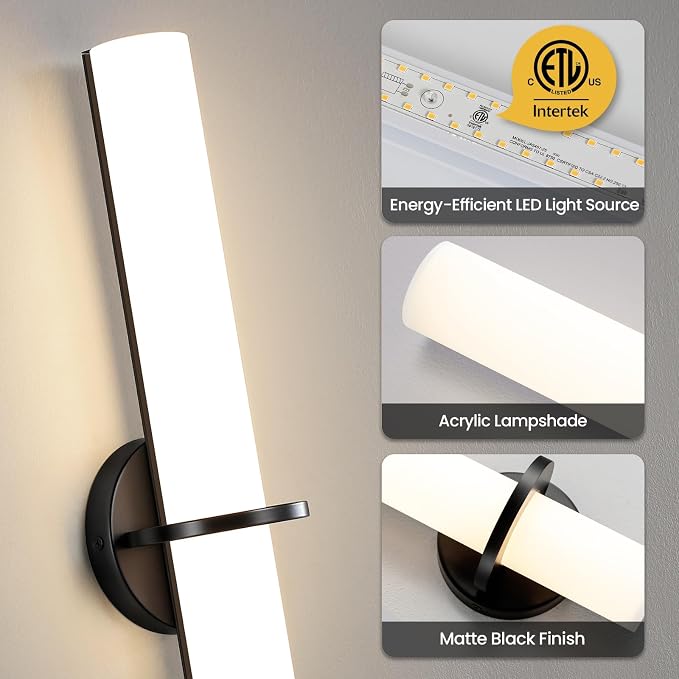 Black Wall Sconces Set of 2, 15-inch Bathroom Sconces 5CCT LED Dimmable Modern Wall Lights for Bedroom Living Room Hallway (Hardwired)