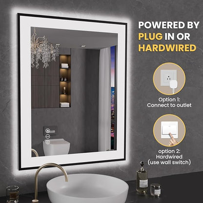 LOAAO 24"X30" LED Bathroom Mirror Black Framed | Anti-Fog, Dimmable, Memory Function, Tempered Glass, Lighted Vanity Mirror for Wall
