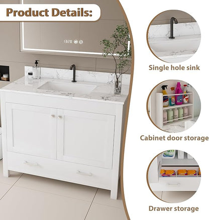 Montary 42" Bathroom Vanity with 43" Artificial Marble Carrara White Top, Modern Stylish MDF Bathroom Storage Cabinet, Vanity Set with 2 Doors and One Large Divided Drawer, White (Single Hole)