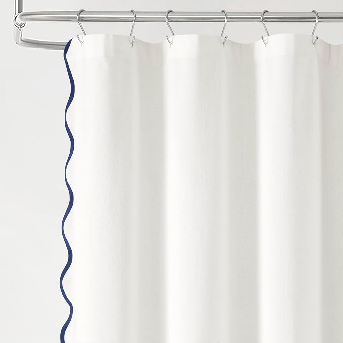 Lush Decor Coastal Chic Scallop Edge Linen-Textured Shower Curtain, Single 72" W x 72" L, Navy & White - Scalloped Shower Curtains - Coastal Bathroom Curtain