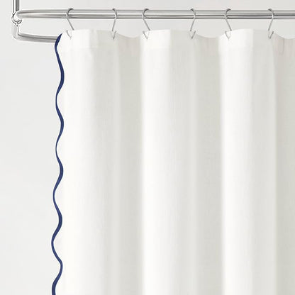 Lush Decor Coastal Chic Scallop Edge Linen-Textured Shower Curtain, Single 72" W x 72" L, Navy & White - Scalloped Shower Curtains - Coastal Bathroom Curtain