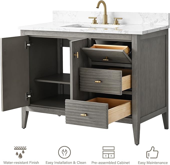 HOMEBEYOND 42" Bathroom Vanity with Sink, Solid Wood Bathroom Vanity Free-Standing Cabinet, Drawers, Ceramic Top & Soft Closing Door, Golden Brushed Handware, Driftwood Gray